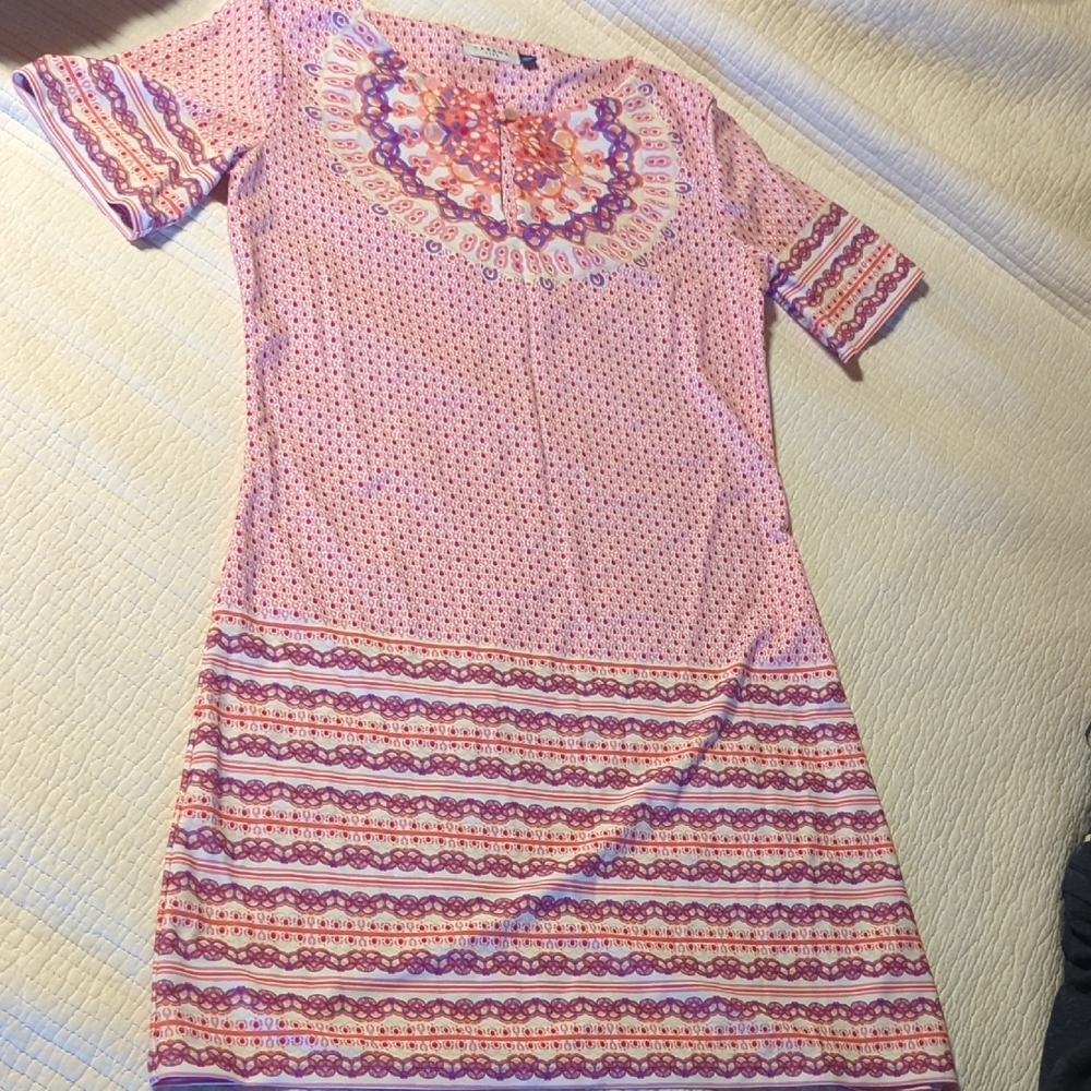 Cabana Life Pink Patterned Midi Dress with Multicolor Embellished Yoke